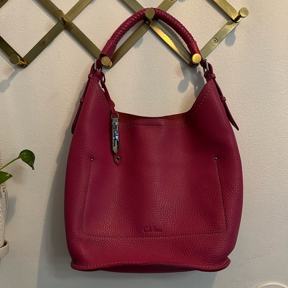 Cole Haan Magenta Pink Pebbled Leather Large Shoulder Bag with Braided Handles